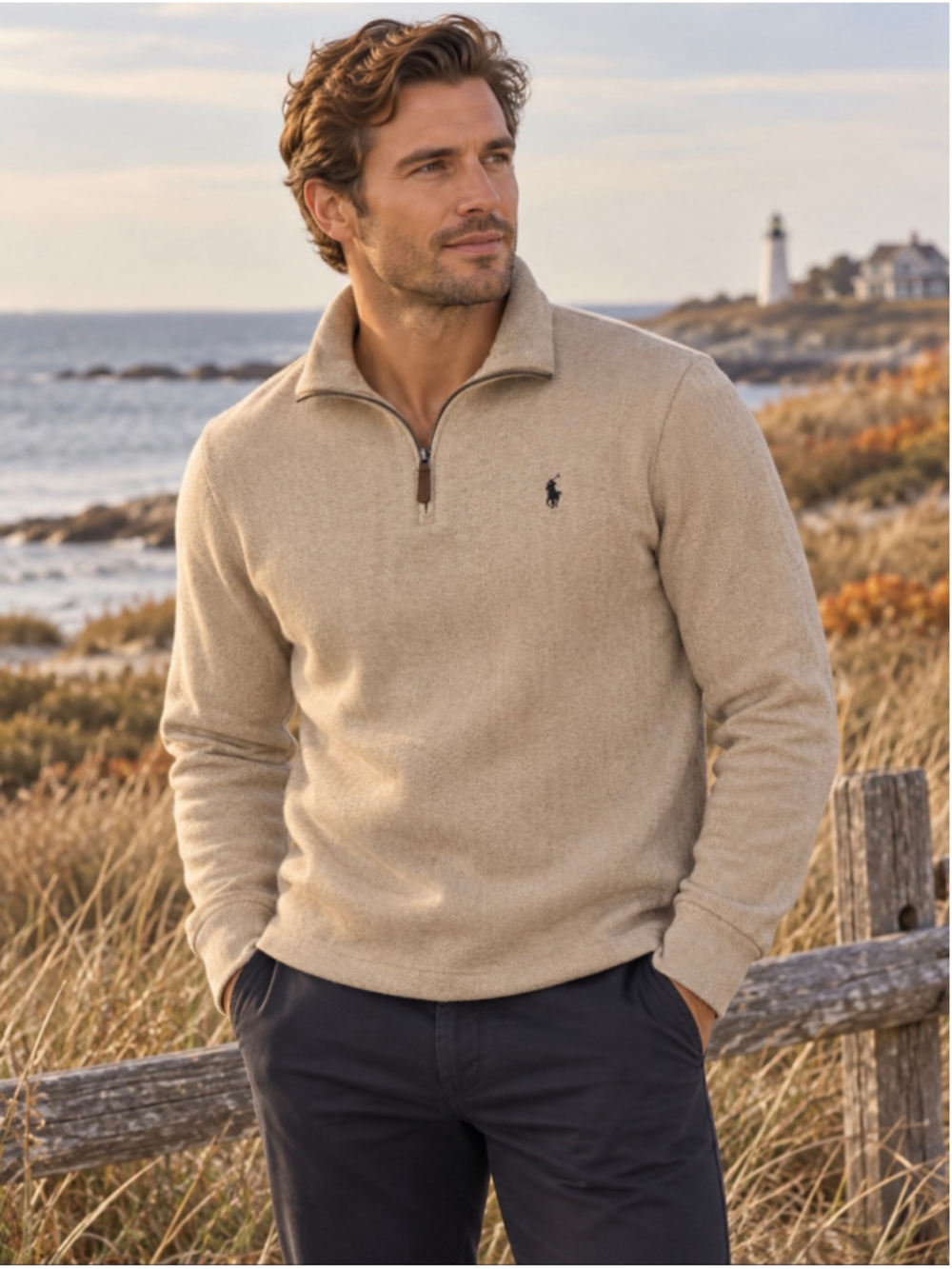 Polo Ralph Lauren Men’s XL Beige Herringbone Fleece Quarter Zip Pullover